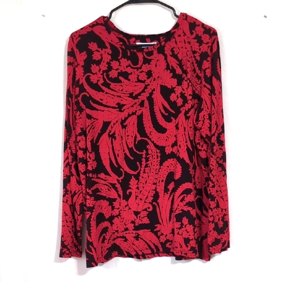 Chicos Red Black Leaf Print Wide Neck Tunic Blouse Size 3 - Extra Large - Picture 1 of 4